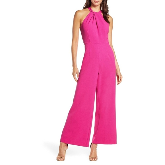 Julia Jordan Barbiecore Y2K Halter Top Magenta Hot Pink Wide Leg Jumpsuit - Picture 1 of 7